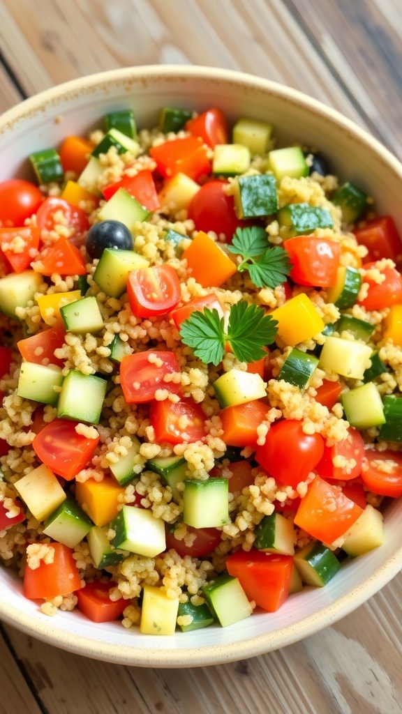 A colorful quinoa salad with cherry tomatoes, cucumbers, bell peppers, and parsley in a bowl on a wooden table.